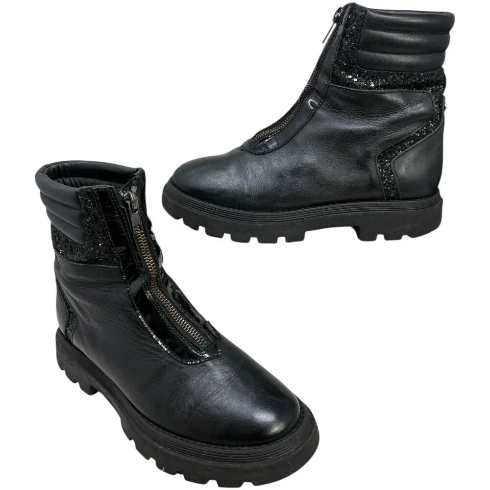 MANUELA Black‎ Leather Front Zip Big Girl Ankle Booties